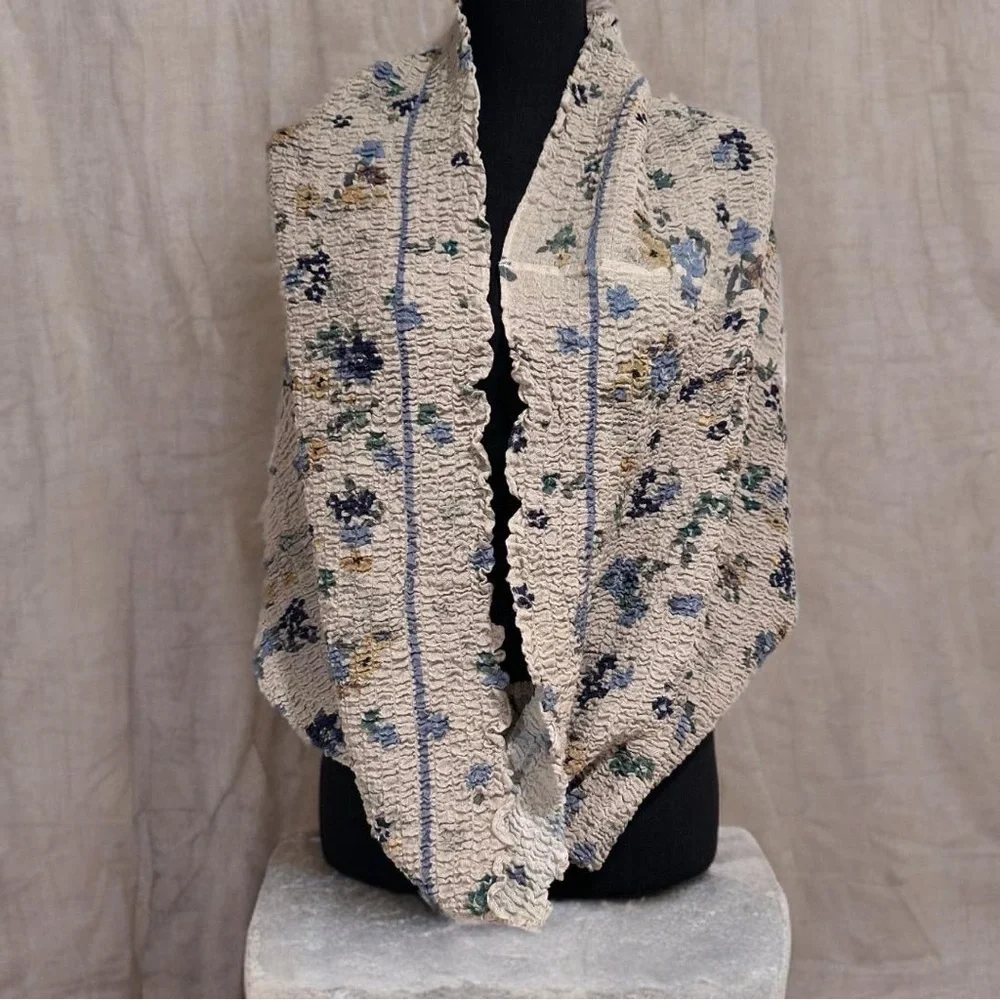 New Vintage Inspired Infinity Loop Scarf Floral Crinkled Chiffon Off White Airy